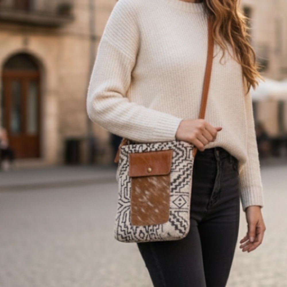 Myra leather & canvas Brown Cellphone Crossbody